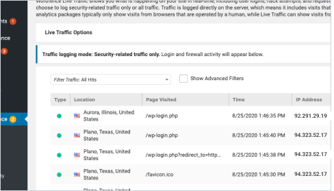 Screenshot of Wordfence Live Traffic