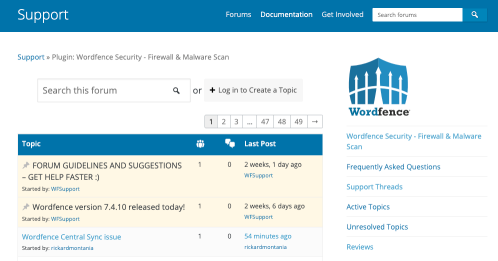 Screenshot of Wordfence support