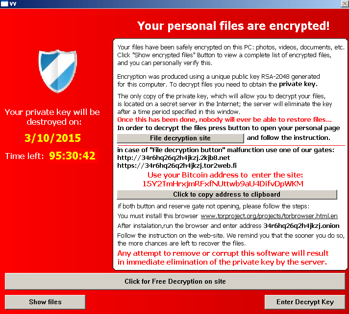 A screenshot of the screen that TeslaCrypt displays when your files are encrypted. Courtesy Bromium Labs.