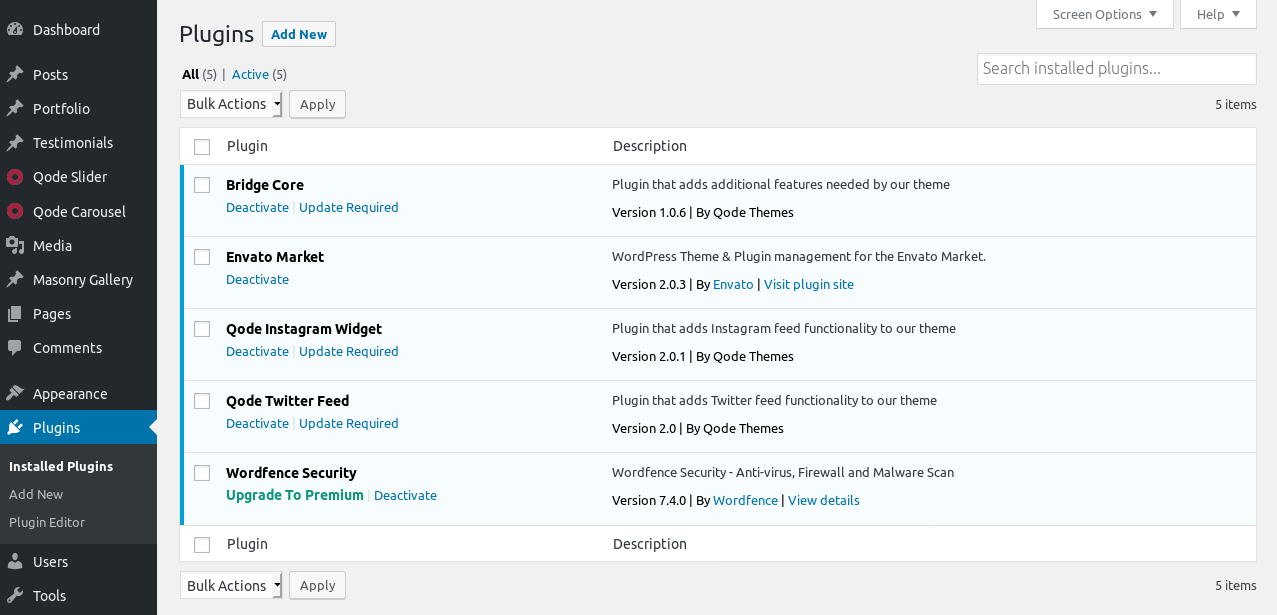 Screenshot of a WordPress plugin management page, showing several Qode plugins with “Update Required” links.