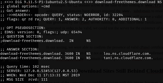 Screenshot of a DIG request showing Cloudflare DNS used on download-freethemes.download.