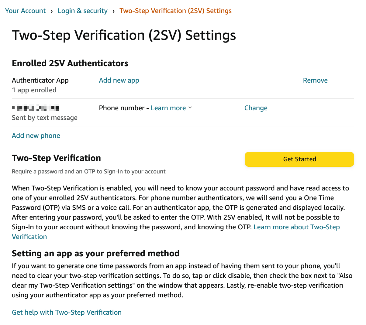 Amazon’s 2SV authentication options.