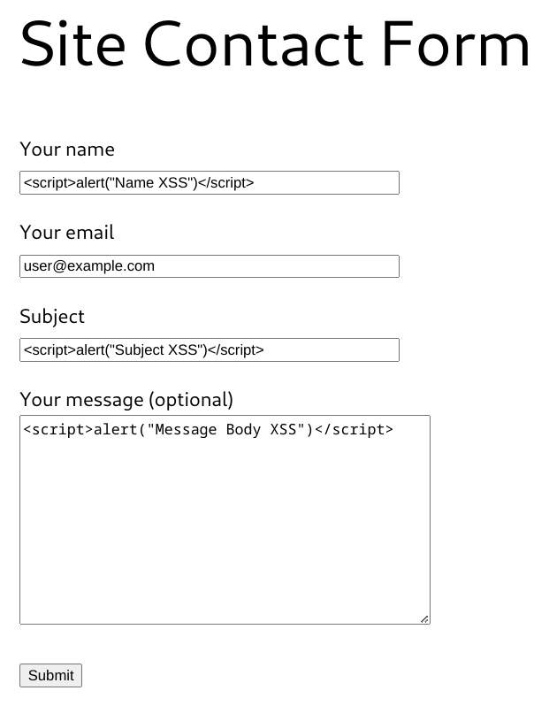 The default Contact Form 7 contact form with XSS payloads entered into the form fields