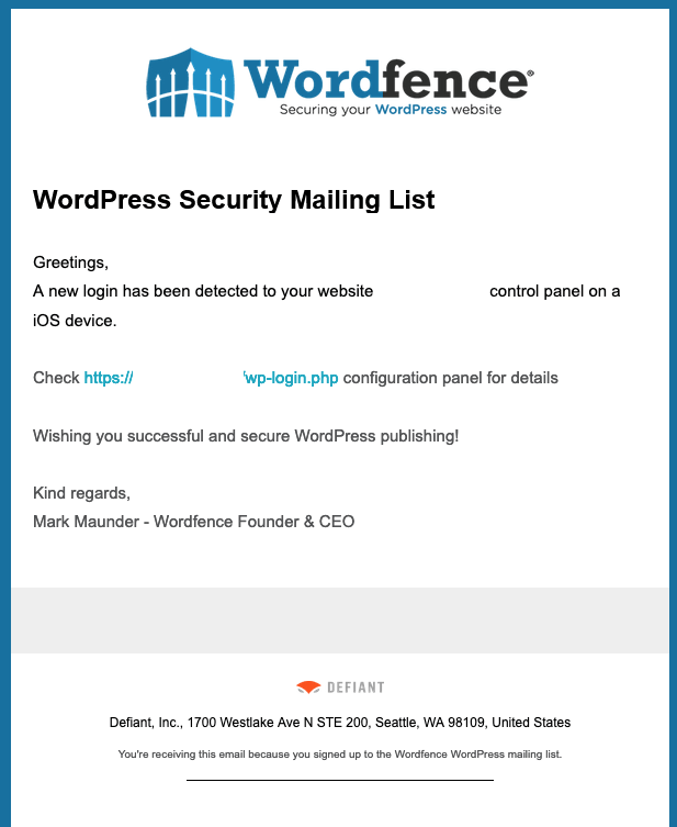 Wordfence-branded phishing mail sample