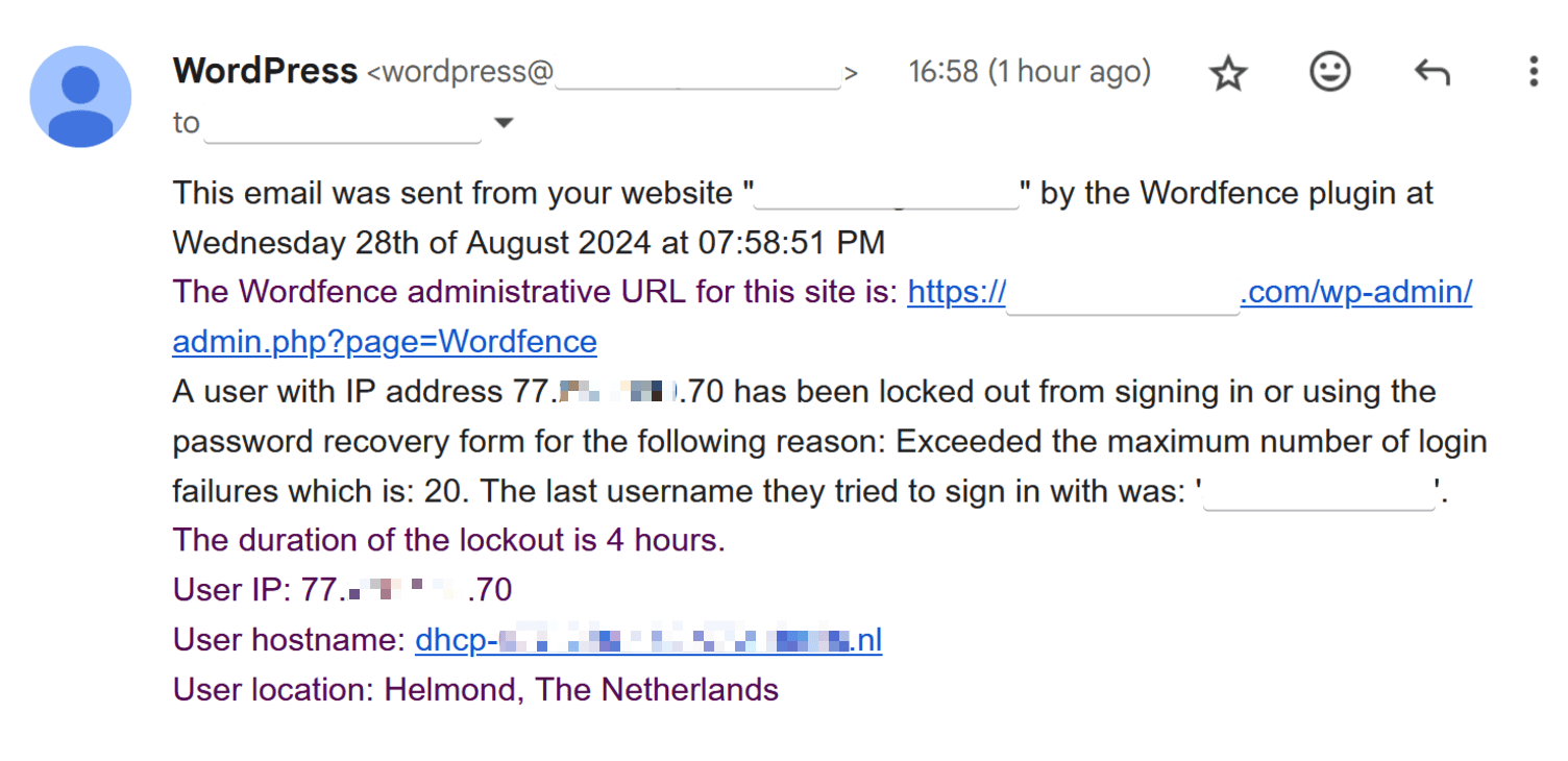 Wordfence sends you alerts about IP addresses that are locked out.