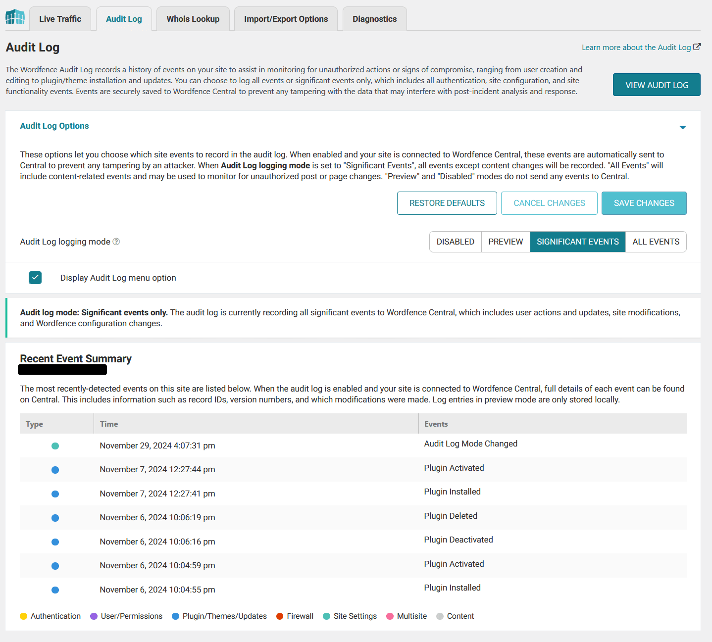 Wordfence Audit Log records a detailed history of security-related events on a WordPress website.