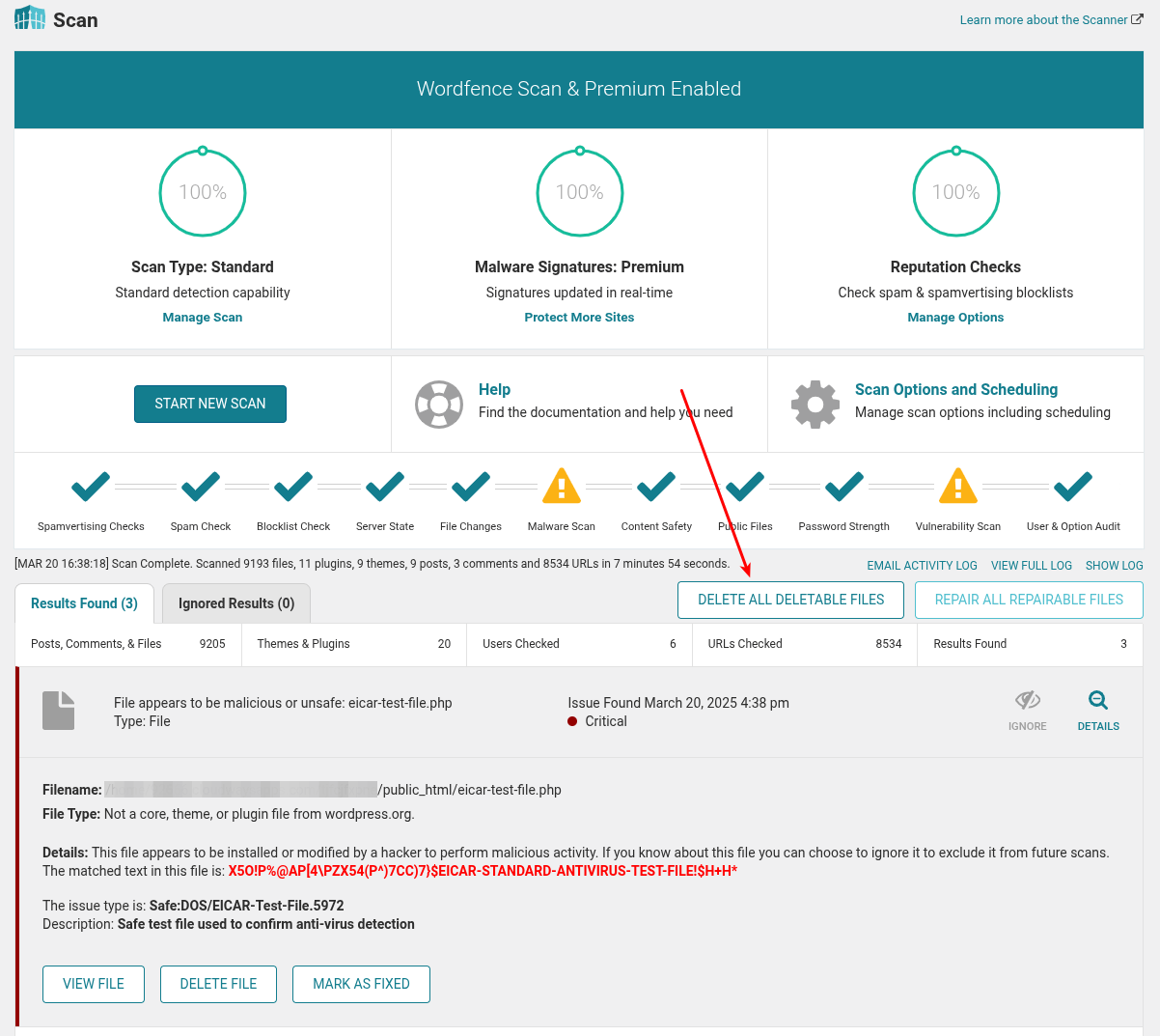 Wordfence scanner detected a safe test file. 