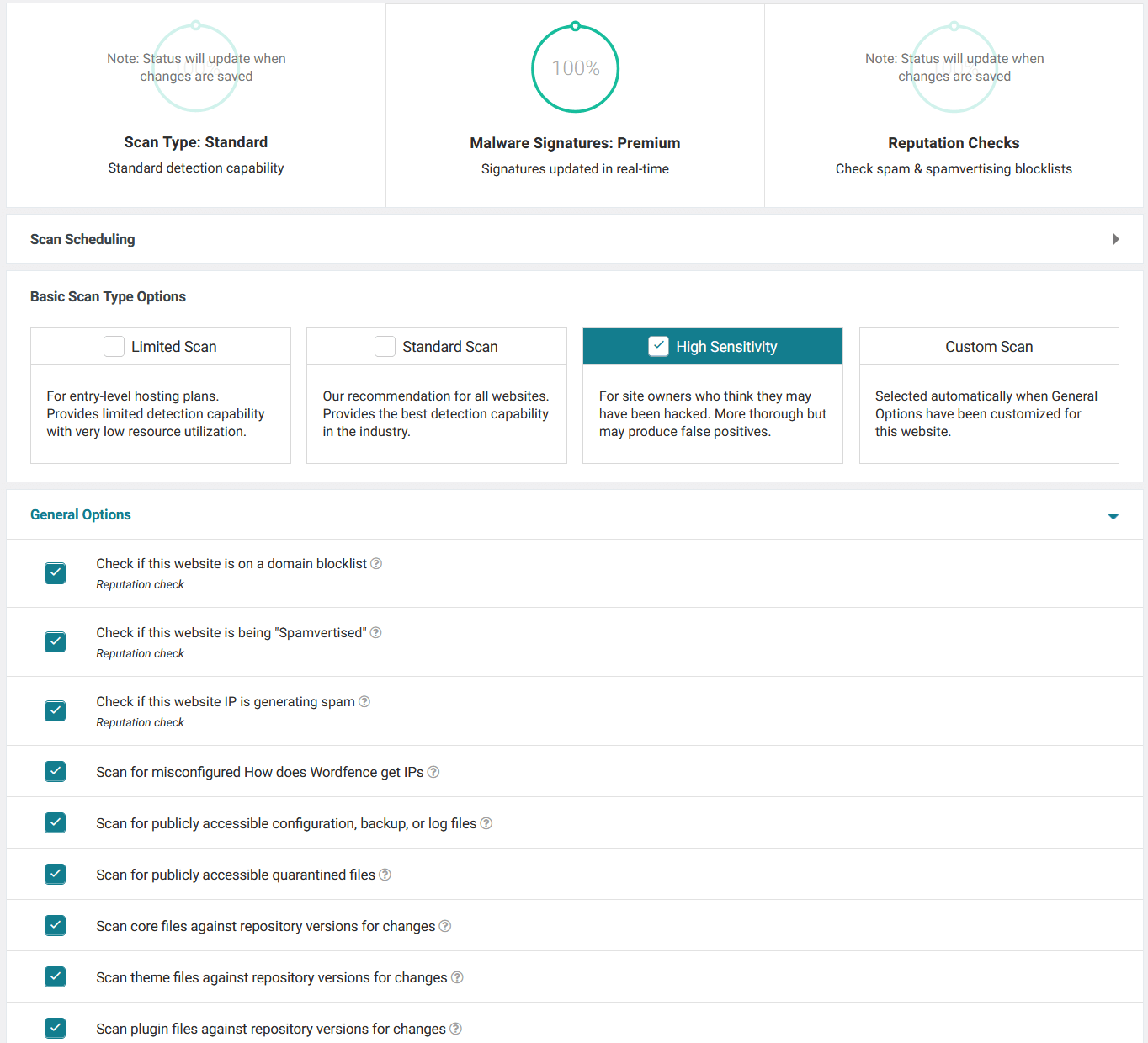 Scan options for the Wordfence security scanner.