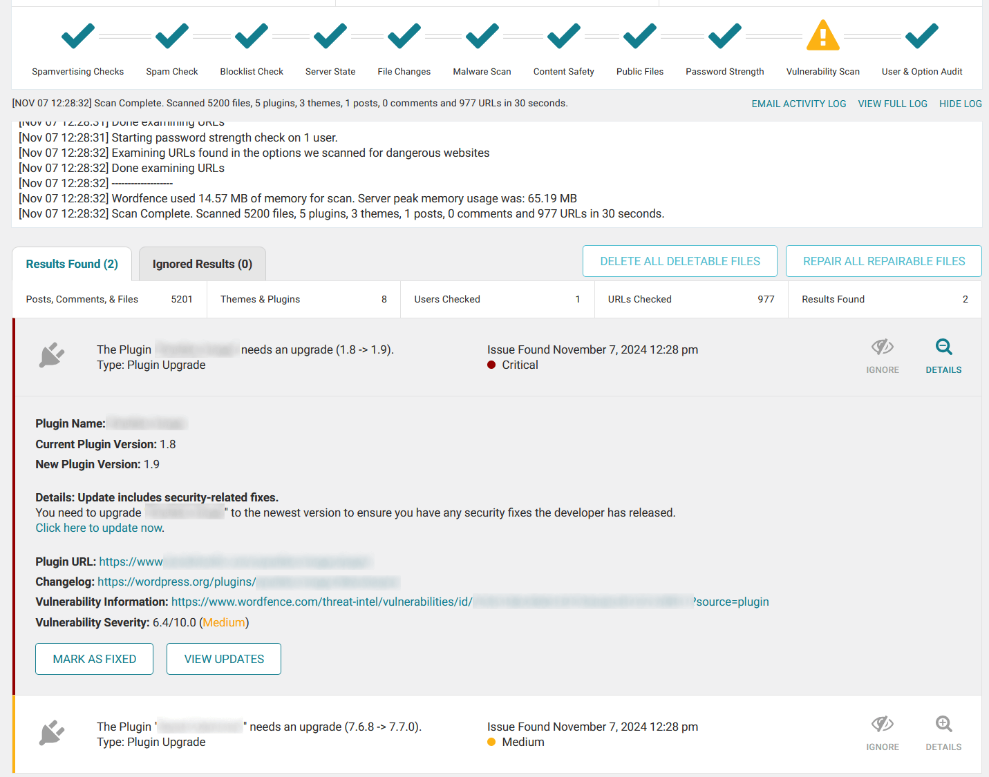 Wordfence notifies a user about a vulnerable plugin they need to update.