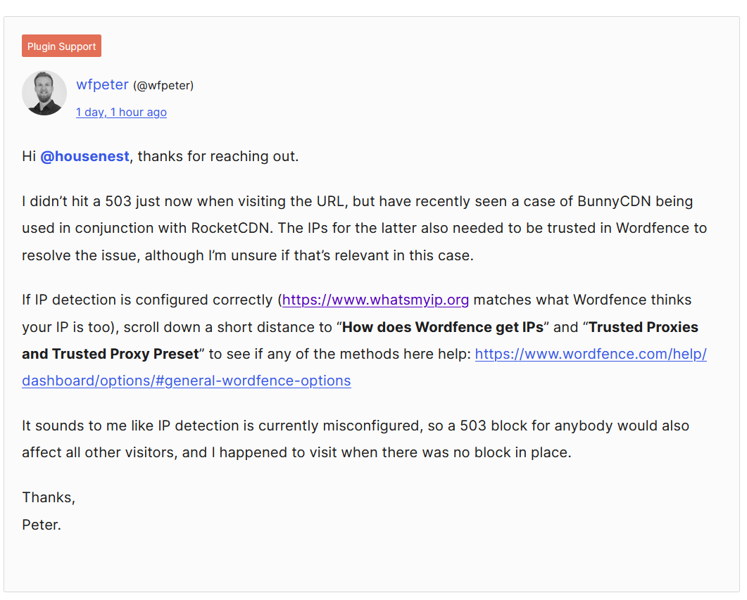 A Wordfence staff member replies to a query on the community support forum.