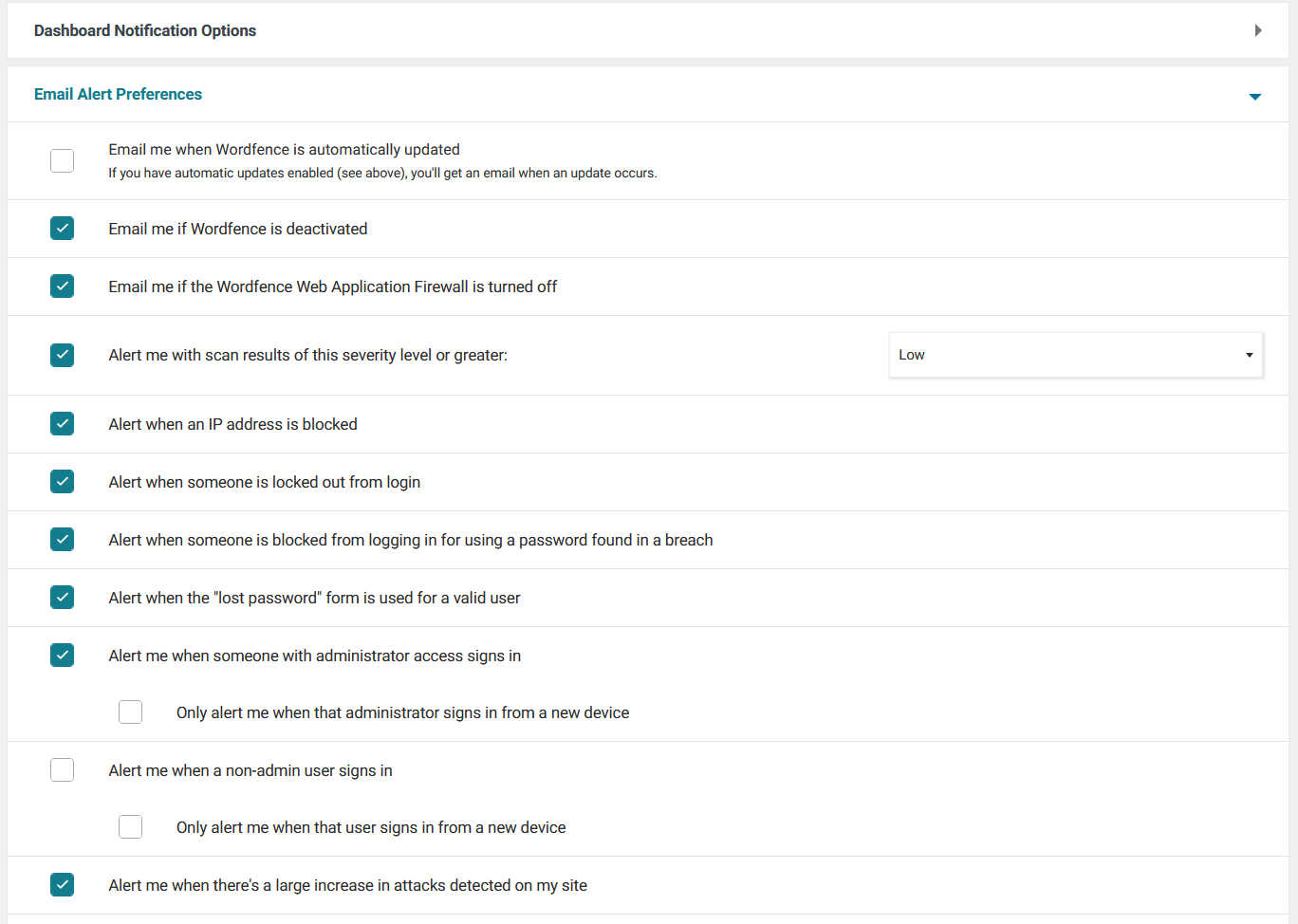 Wordfence users can customize their email alert preferences.