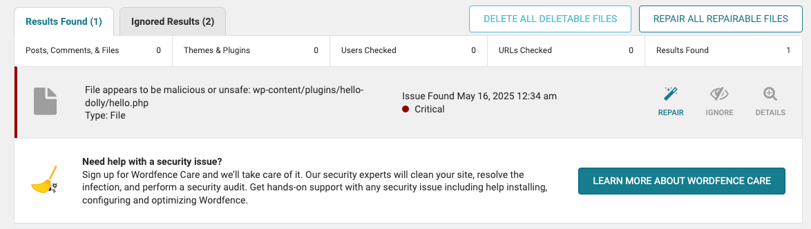 Wordfence security scan results with repair option.