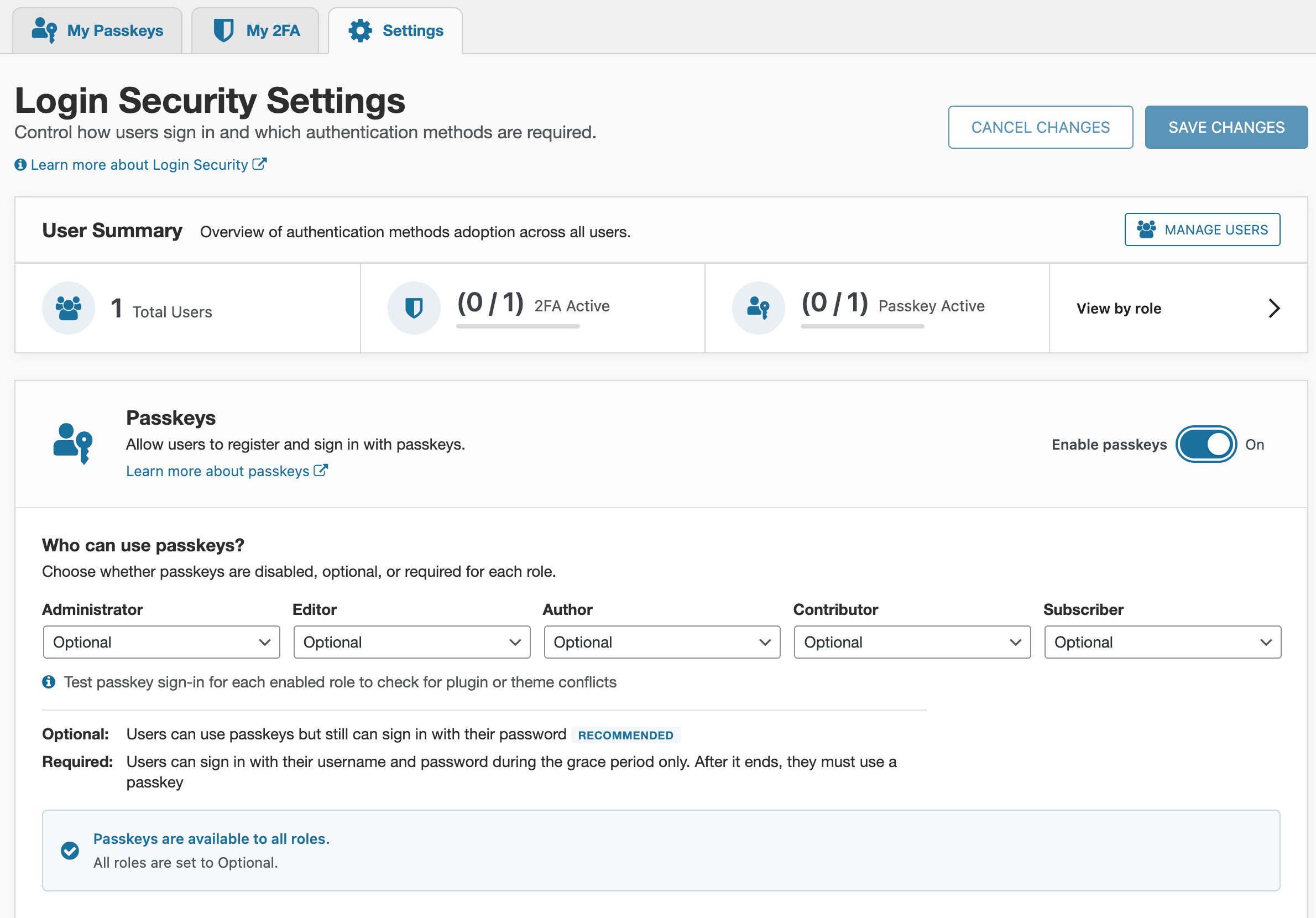 The Wordfence Login Security settings screen with Enable passkeys switched on, and the role table below it showing passkeys set to Optional for Administrator, Editor, Author, Contributor and Subscriber.